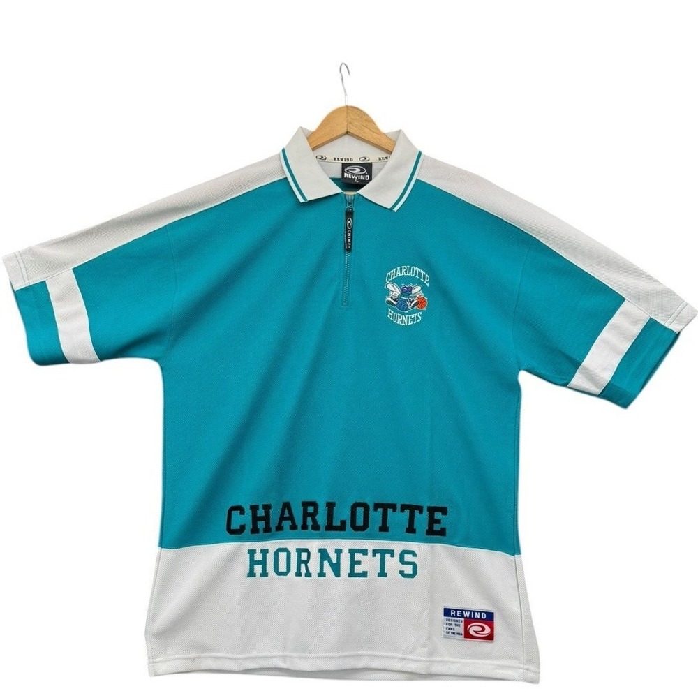 Vintage Charlotte Hornets Rewind Polo XL Teal NBA Basketball Zip Collar Shirt 90